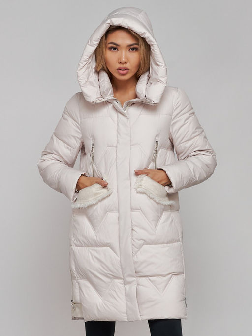 Пальто утепленное с капюшоном зимнее женское бежевого цвета 13332B - Visdeer фото 8