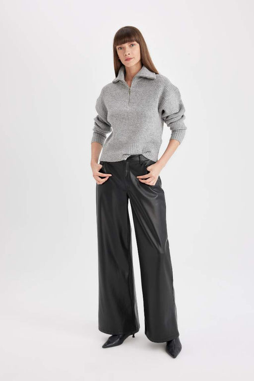 Женский серый свободный крой свитер из ткани селаник с половиной молнии и высоким воротником - Defacto фото 2