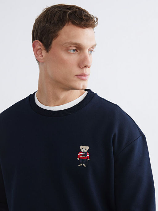 Bisiklet Yaka Ay? Teddy Bask?l? Erkek Kal?n Sweatshirt
