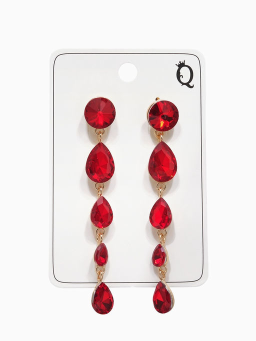 Серьги висячие со стразами Драгоценность капли, красные в золоте, 9.5 см
