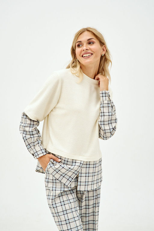 Джемпер NIKVA н392-2 молоко, клетка молоко-серо-голубая  фото 3