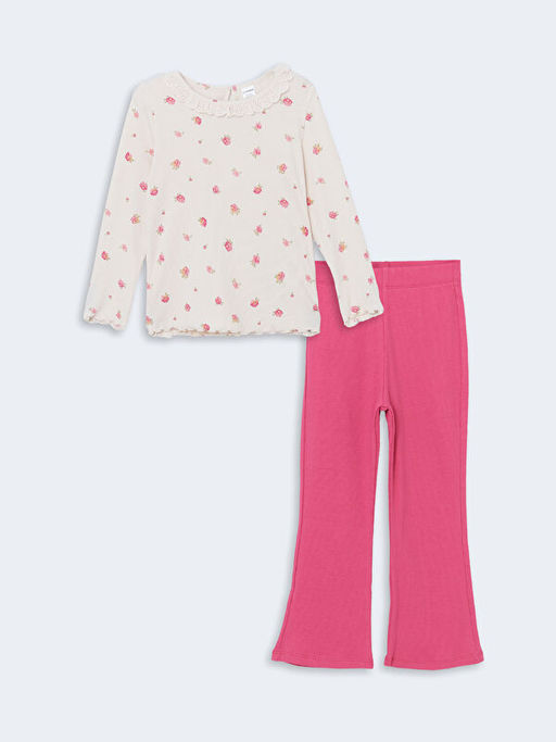 ?i?ekli Dantelli K?z ?ocuk Ti??rt ve Tayt 2li