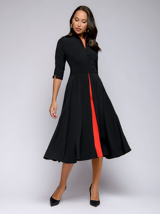 Платье черное длины миди с красной вставкой - 1001dress фото 3