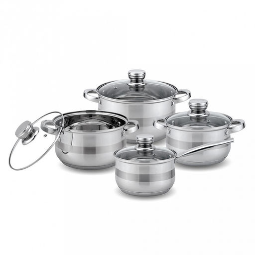 Набор посуды из нержавеющей стали "Kelli" 8 предметов: кастрюля 2,7л, д18см, 3,7л, д20см, 5л, д22см, сотейник 2,1л, стеклянная крышка, пароотвод, зеркальная поверхность, ручки из нержавеющей стали, 5-ти слойное капсульное дно, мерная шкала, клепаные