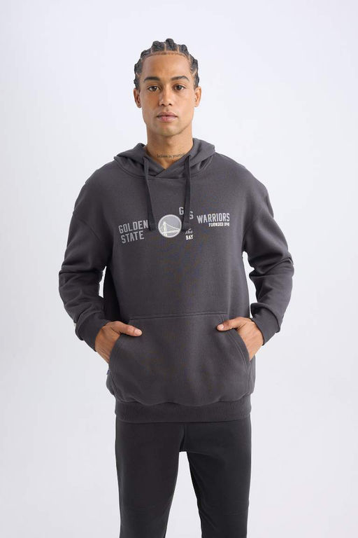 Мужской антрацитовый толстый свитшот DeFactoFit NBA Golden State Warriors свободного покроя с капюшоном и принтом  фото 3