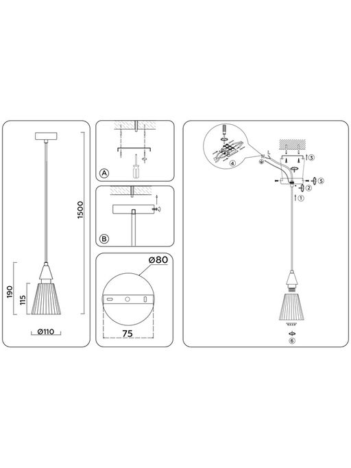 Светильник подвесной LH58111, 1хE14, 40Вт, d11 h150 см, чёрный