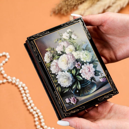 Шкатулка для украшений «Пионы в вазе», 10×14 см, лаковая миниатюра