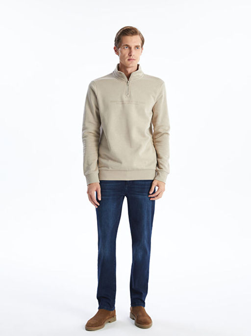 Dik Yaka Uzun Kollu Bask?l? Erkek Kal?n Sweatshirt