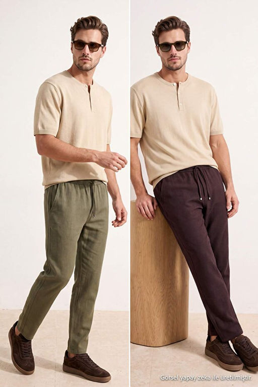 Kahverengi-Haki _kili Paket %100 Pamuk Keten Straight Fit Erkek Pantolon TMNSS26PL00041
