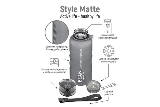 Бутылка для воды 1,5 л 10*10*28,5 см "Style Matte" с углублениями д/пальцев серая