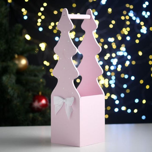 Ящик подарочный "Ёлка" (12*12*42) Дерево, МДФ 6 мм, окрашен., оформл., Розовый пастель-белый