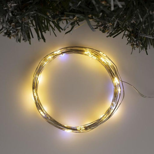 Гирлянда Нить 5 м роса, IP20, серебристая нить, 50 LED, мерцание белым, батарейки AAх3 (нет в комплекте), свечение тёплое белое