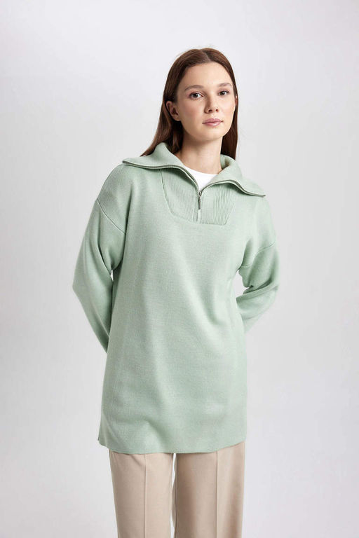 Туника обычного кроя с высоким воротником на молнии - Defacto фото 3