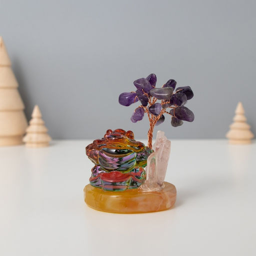 Фигурка «Деревце под защитой жабы», стекло, металл, 18 камней, фиолетовый, 5.5×5.5×9 см