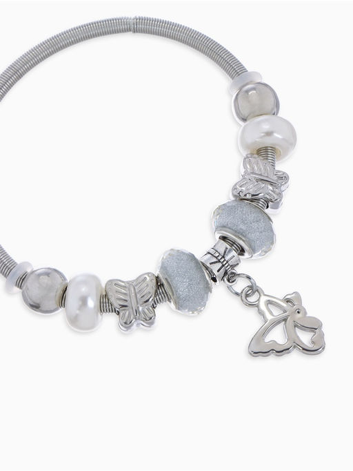 Браслет с жемчугом «Марджери» бабочка, серебристо-белый в серебре, d=6.5 см