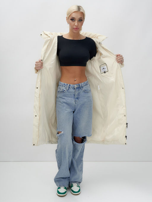 Пальто утепленное стеганное зимнее с капюшоном женское бежевого цвета 9639B - Mtforce фото 5