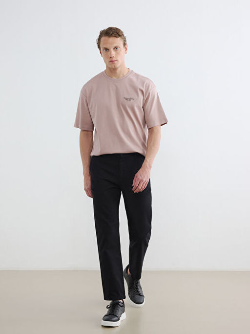 Loose Fit Bisiklet Yaka Bask?l? Erkek Ti??rt