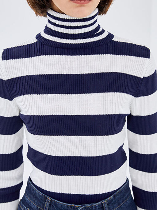 Bal?k?? Yaka Renk Bloklu Kad?n Triko Kazak