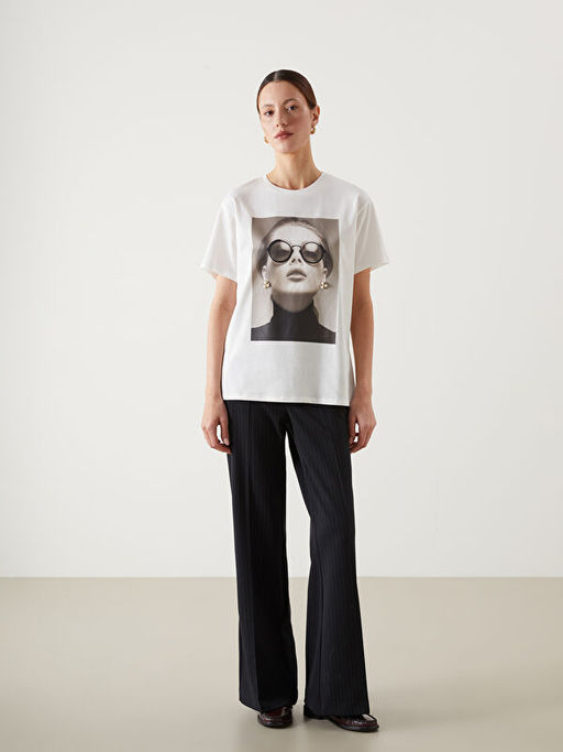 Bisiklet Yaka Bask?l? Kad?n Ti??rt