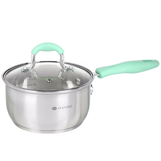 Ковш нерж/ сталь, 1.7 л, крышка стекло, индукция, силикон/ ручки мятные, SD23-16SP-2 Daniks, 451813  фото 2