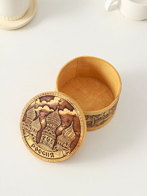 Шкатулка круглая "Россия", 12х7см, береста