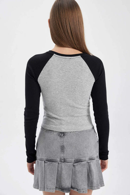 Облегающая футболка Cool Blink с круглым вырезом и длинными рукавами в рубчик - Defacto фото 7