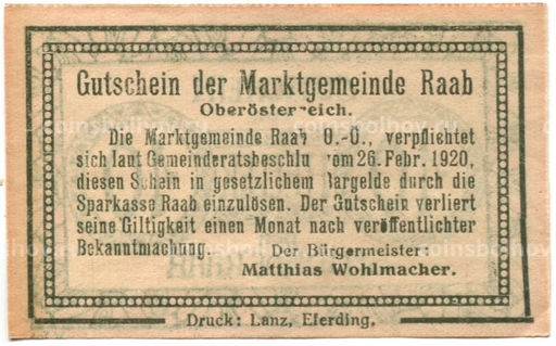 Банкнота 10 геллеров 1920 года Австрия  Рааб (нотгельд)