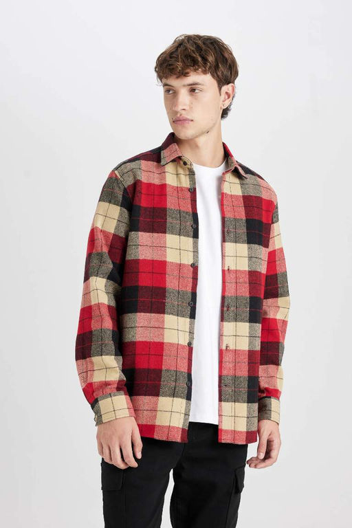 Мужская бордово-красная фланелевая рубашка с длинными рукавами и воротником-поло стандартного кроя в клетку Lumberjack - Defacto фото 8