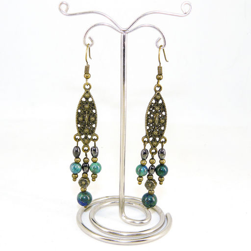 Серьги из азурмалахита диаметр 6-8 мм и гематита 4х5 мм - длина 8 см