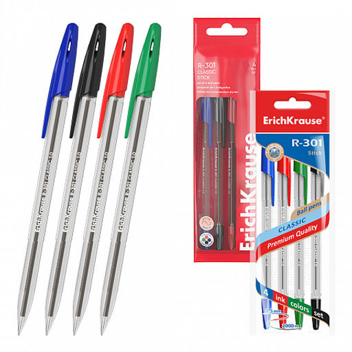 Цена за 24 шт. Набор из 4 ручек шариковых ErichKrause R-301 Stick Classic 1.0, цвет чернил: синий, черный, красный, зеленый (в пакете)