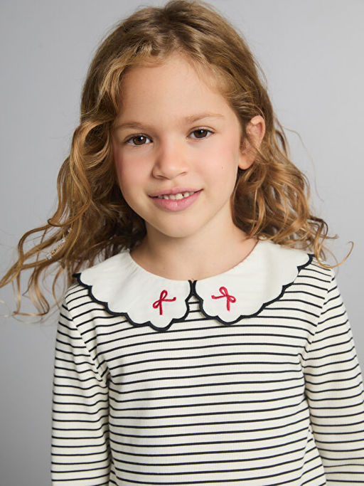 Bebe Yaka Uzun Kollu ?izgili K?z ?ocuk Ti??rt