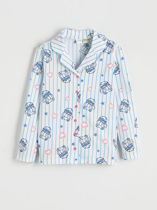 G?mlek Yaka Stitch Bask?l? K?z ?ocuk Pijama Tak?m?