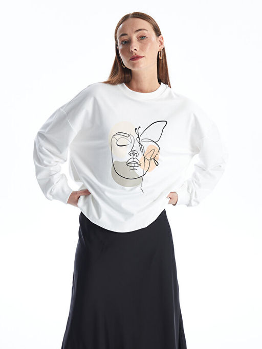 Bisiklet Yaka Bask?l? Oversize Kad?n Sweatshirt