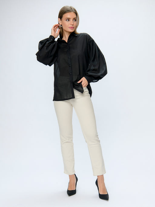 Блуза черная с пышными рукавами и отложным воротником - 1001dress фото 2