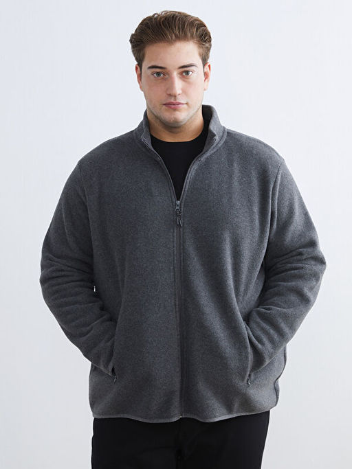 Standart Kal?p Dik Yaka Polar Erkek Fermuarl? Sweatshirt