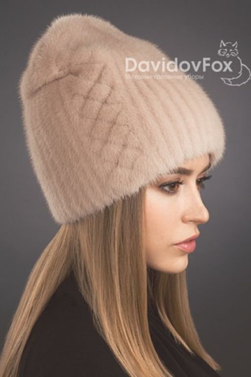 Шапка Бини норка орнамент дымчатая роза