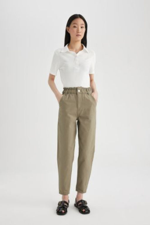 Paperbag Gabardin Pantolon Yuksek Bel Cepli Basic Duz Standart Paca