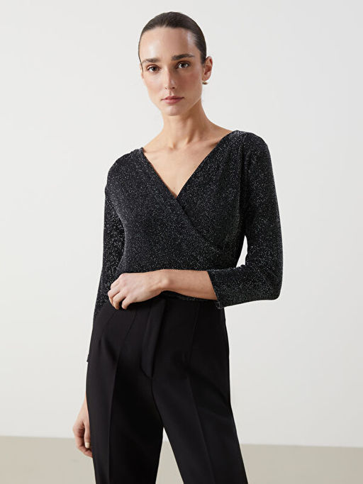 Kruvaze Yaka Parlak G?r?n?ml? Bluz