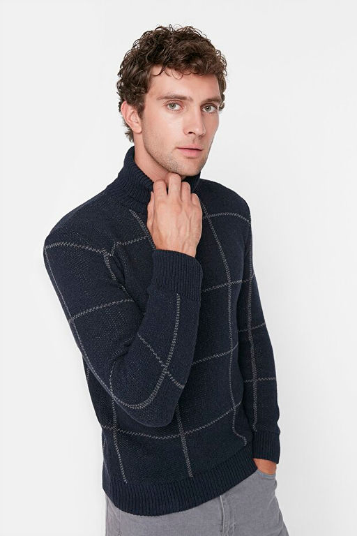 Lacivert Slim Fit Y_nl_ Bal_k__ Yaka Ekose Desenli Triko Kazak TMNAW21KZ0398 - Trendyolmilla фото 2