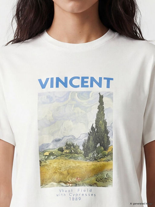 Van Gogh Bask?l? %100 Pamuklu Kad?n Ti??rt