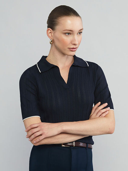 Polo Yaka Desenli Kad?n Triko Kazak