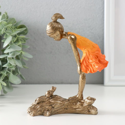 Цена за 2 шт. Сувенир полистоун "Малышка и лягушонок" бронза, оранжевый 12х5х15 см