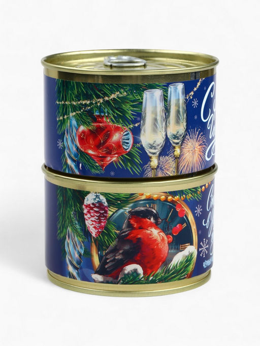 Подарочный набор новогодний в железной банке С Новым годом: монпансье 100 г, чай чёрный 50 г, варенье 30 г, открытка