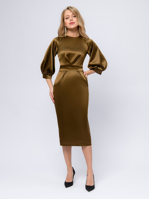 Платье бронзового цвета длины миди с пышными рукавами - 1001dress фото 5