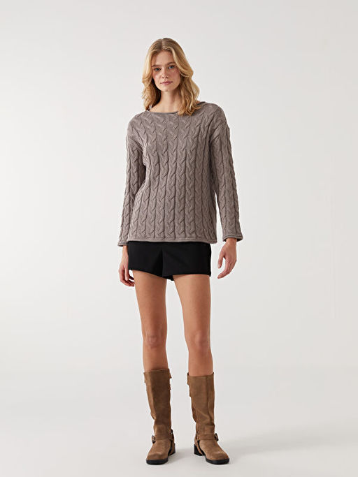 Bisiklet Yaka Kendinden Desenli Kad?n Triko Kazak