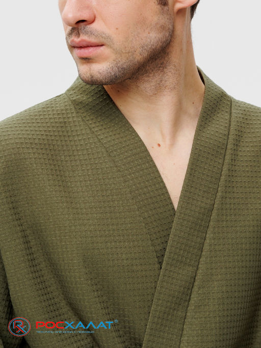 Мужской вафельный халат с планкой хаки В-03 (26)