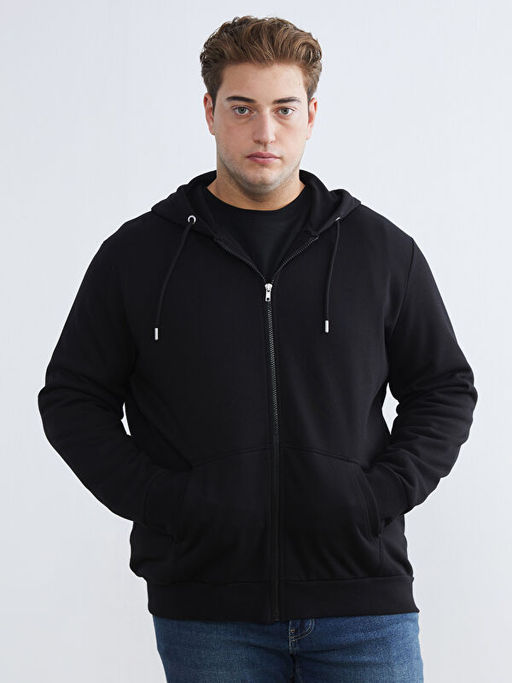 B?y?k Beden Kap??onlu Erkek Kal?n Fermuarl? Sweatshirt