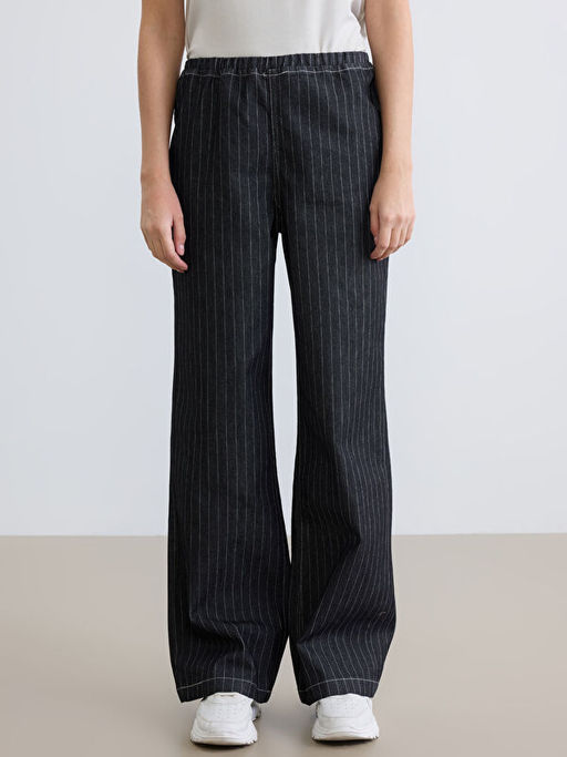 Beli Lastikli ?izgili Wideleg Kad?n Jean Pantolon