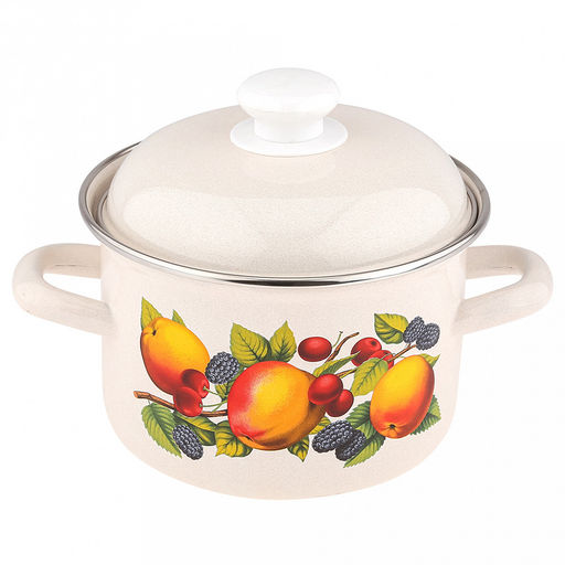 Фруктовый сад Кастрюля эмалированная 1,5л, форма цилиндрическая, металлическая крышка (Россия)