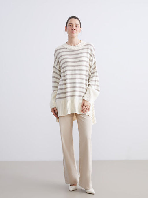 Bisiklet Yaka ?izgili Oversize Kad?n Triko Kazak